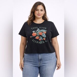 CIDER Strawberry Graphic Crop T-Shirt Women Size L Black Cute Summer Tee